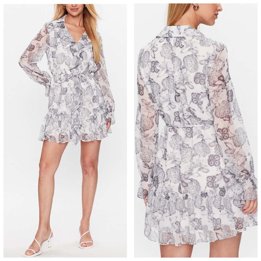 Ted Baker Giorgii Ruffle Detail Mini Dress Size 2 Butterfly Chiffon Long Sleeves